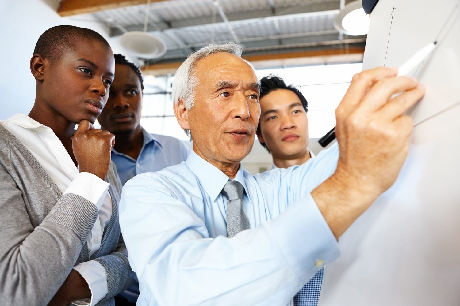 group gathered looking at white board