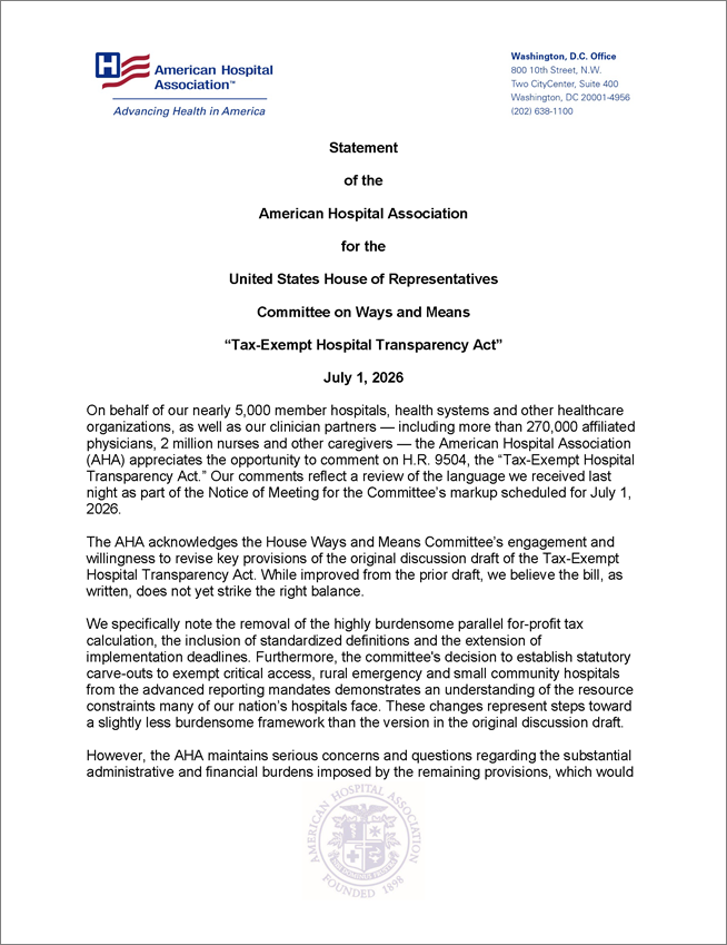 AHA's Statement to House Ways and Means on Nonprofit Reporting Draft Bill” page 1.