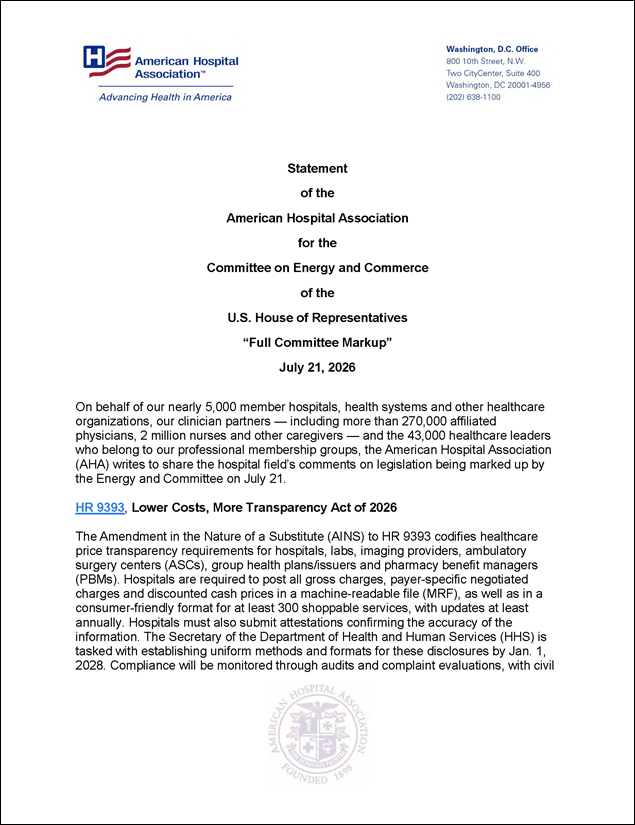 AHA Statement on House Energy & Commerce Healthcare Legislation Markup Hearing” Cover.