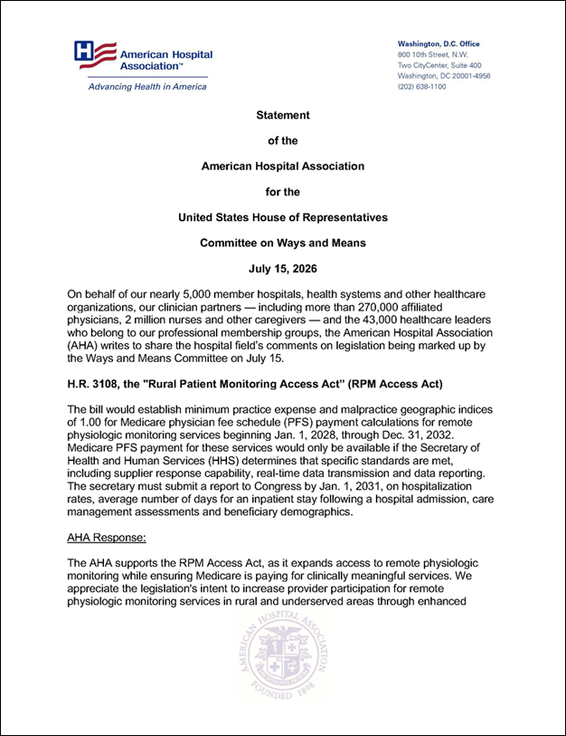 AHA Statement on House Ways and Means Healthcare Legislation Markup Hearing” Cover.