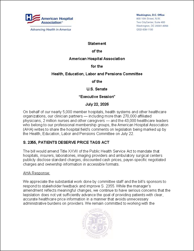 AHA Statement to Senate HELP Committee on Proposed Healthcare Bills” Cover.